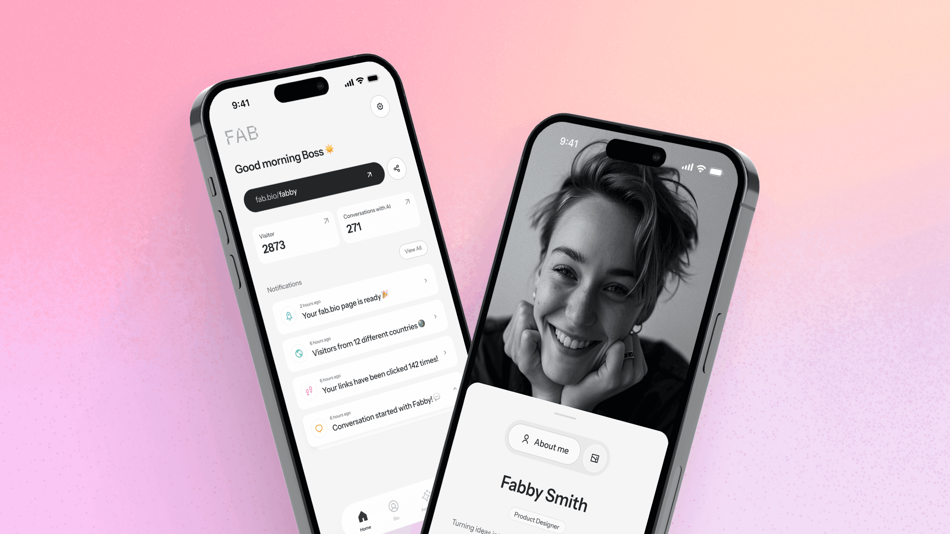 FAB app interface showing AI-powered bio page on mobile and desktop